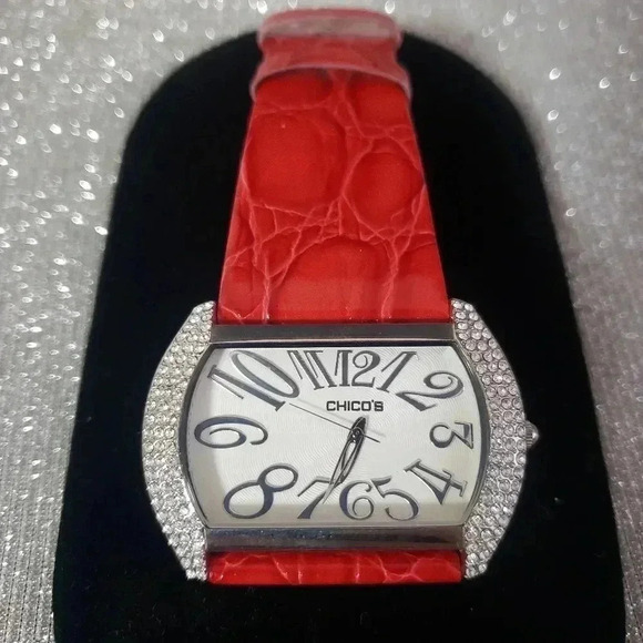 Chico's Red Leather Rhinestone Embellished Watch - Picture 1 of 5